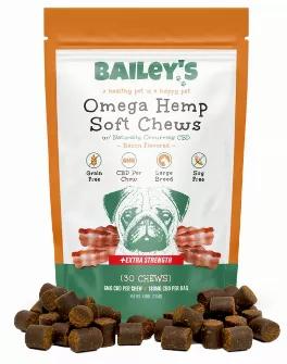 Bailey's Omega Hemp Soft Chews provide a full spectrum profile of synergistic compounds that are naturally present in our phytocannabinoid-rich organically grown hemp oil, with naturally occurring CBD. Each Omega Hemp Soft Chew is bacon flavored and easy to digest. These chews are specially formulated for canines (dogs) under the advisory of our consulting veterinarian Dr. Robert J Silver. Omega fatty acids have many benefits for dogs including:Supports Brain Function & Development, Promotes Joi