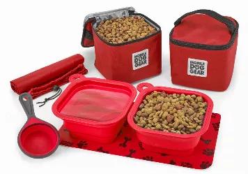 The Mobile Dog Gear Dine Away Set for Med/Lg Dogs, over 25 lbs, is the perfect size for packing your pets food, water, and treats for the day or short trips. This highly functional Dine Away set features: two 15-cup lined food carriers, two 5-cup collapsible silicone pet travel bowls, collapsible silicone food scoop, non-slip placemat, and a drawstring bag which holds the entire set. Dimensions: 21" L x 9" H x 6.3" W.