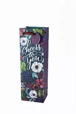 This One-Of-A-Kind Hand-Painted Design Brings Flowers, Leaves And Grapes Together For A Botanically Inspired "Cheers To You!" Gift Bag Perfect For Any Occasion. It's Held Together By Burgundy Vine-Adorned Gussets, With A Ruby Red Ribbon Handle And A Rose Gift Tag Providing The Finishing Touch.<Br><Br><Ul><Li>Fits Standard Bottles</Li><Li>Premium Quality Canvas Textured Paper (190 Gsm)</Li><Li>Designed In Seattle</Li></Ul> Dim: 4.5" W X 14" H X 3.5" D With Luxe Canvas Paper!