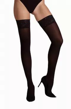 70 denier opaque silky soft thigh highs with intricate floral lace tops. 