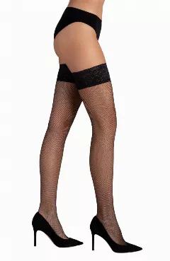 Durable fishnet thigh highs with intricate floral lace tops.