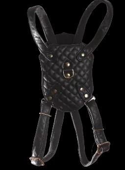 The harness closes with large snaps. Adjust straps to fit once and snap close. Made with Vegan Leather custom Duke and Dutchess hardware. with snap closures. The straps, breastplate, and backplate have soft suede padding on the inside of the harness for comfort. Beautiful Stitching in a criss-cross pattern.<br>
