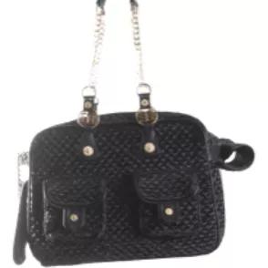 Absolutely stunning Black and Champagne Velour Bag. Gold plate Chain shoulder Straps as well as Chains on Bag openings and zippered top. Custom Hardware make this a show stopper! There is mesh on each end of the bag as well as the top opening for air. Two side pockets add to the design and function. This bag should be a staple for your Lovely pet as you travel or walk all over town. A Chic and stylish bag that is practical and beautiful! <br>