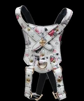 C'est La Vie Harness has our Fund Parisian Print<br><br>On Vegan Leather. Padded straps, Breastplate<br><br>Back-plate<br><br>Adjust strap once and snap close<br><br>Custom Duke and Dutchess Hardware with<br><br> Custom Fleur De Lis<br>