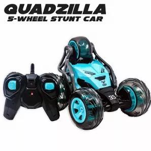 The Quadzilla is a remote control stunt vehicle capable of multiple tricks. Unlike most R/C vehicles, the Quadzilla uses a rotating front axle and balancing 5th wheel to create twists, turn, standies and multiple unusual moves. Ramp up the show with the integrated flashing LED lights! The Quadzilla can move 360 degrees using a 2.4 GHz remote control, allowing for multiple cars to be played with simultaneously. Measuring approximately 6" x 6  3/4 " x 5  1/2 ", the Quadzilla is available in either