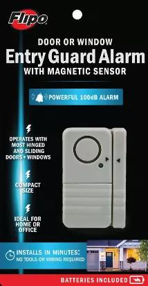 The NEW Flipo Door or Window Entry Guard Alarm is the most effective and cost-efficient way to guard your home or office. It is compact, discrete, and features a powerful 100 dB alarm when activated. Unlike other alarm systems, Flipo's Entry Guard Alarm installs in minutes requiring no tools or wiring. To install, simply use the adhesive tape provided to mount alarm and magnetic sensor on window, door, or cabinet. The alarm is activated when alarm body and magnetic sensor are separated. Batterie