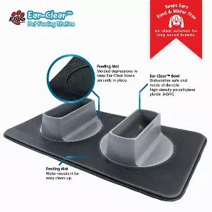 An enthusiastic dog with an appetite can push a dish across your clean floor in seconds, leaving behind a trail of food. This innovative mat and bowl system ends messy feeding problems. Ear-Clear Bowl's unique and scientific design keeps ears clear of food and water, protecting against ear related infections, pinnal lesions, and ear-margin dermatitis, common problems that afflict long-eared dogs. An ideal solution for beagles, hounds, cocker spaniels, setters and all other breeds with long ears.