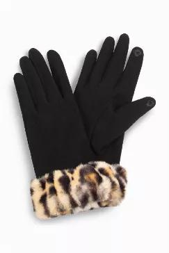 Texting gloves with faux fur leopard cuff. One size fits most. 100% polyester.