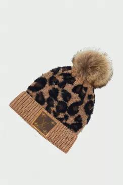 Adult size knit hat in brown leopard pattern and faux fur pom. So cute for those chilly days. Rayon and nylon. 8" X 9.5". With or without authentic LV patch. Patch will be placed on the left side of the hat.