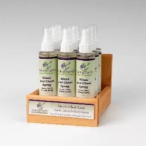 Our water-based Sinus & Chest Spray made with therapeutic grade essential oils is perfect for freshening up your sheets, pillow, or jammies during those stuffy winter months. Also great for freshening up the whole room!<br>

Our Vermont hand-crafted wood display presents them elegantly for your store.<br>

6" X 6" X 8"