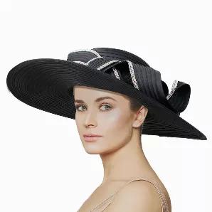 Thick Black Stitched Layered Fabric Sunday Church Hat Featuring Wide Brim with Curled Knot and Rhinestone Detailing. Curled Knot Detail Measures 12.5 inches. 100% Polyester