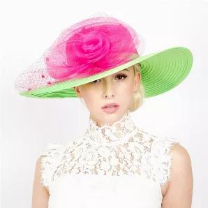 Thick Bright Pink and Green Stitched Layered Fabric Sunday Church Hat Featuring Wide Brim with Large Floral Mesh Birdcage Detailing. Flower measures 10 inches. 100% Polyester