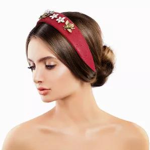 Designer Inspired Red Vegan Leather Stitch Headband Featuring Burnished Metal, Crystal and Pearl Bee Detailing. Headband measures 1.65 inches wide