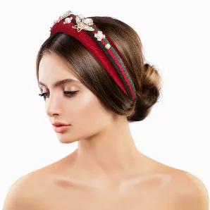 Designer Inspired Red Crushed Velvet Padded Headband Featuring Green, Red and Black Stripe Ribbon with Gold Metal, Crystal and Pearl Bee Detailing. Headband measures 1.75 inches wide