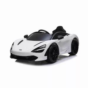 UNMATCHED STYLE: Heart-pounding licensed McLaren 720S design with sports engine SFX. <br>  It looks just like the real thing! From the sloping front hood, scissor doors that open from both sides, to the twin exhaust pipes, no detail is spared. This one will turn heads. <br>
POWER &amp; SPEED: A powerful 12V rechargeable battery with 2 speeds to accommodate different age and experience levels. Four shock absorbers for a smoother ride. <br>
SPORTY LUXURY: Leather seating, LED headlights, carbon fi