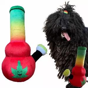 Meet Bo! Bo is a colorful Rasta bong. He is a 9" high and has a built-in squeaker. He is great for light play or for funny pics of your dog with his bong! Your pup will love joining you for 4:20. Ya gotta get one mon! <br> Note: Bo is not a chew toy. Fabric, stuffing and squeakers are not made to be chewed, swallowed or ingested. Pets must always be supervised. Inspect toys frequently. Replace worn or damaged toys. This product (nor any product sold by PAW:20) is intended to be eaten or swallowe