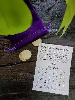 It is said that runes made by your own hand read better for you. This kit includes 25 pine disks to carve, paint or draw your symbols. Also comes with instructions, the elder futhark symbols in a velvet bag. Bags will vary in color. 