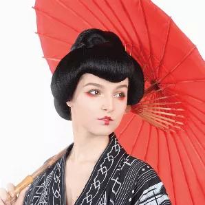 Premium Quality Geisha Wig with capless cap for comfort and breathability.  Adjustable sizing.  Hair made of flame retardant synthetic fibers.   Includes free hair net.  Easy to wash with mild shampoo and cold water.  Do not use with Blow dryer, Flat iron or any other hair appliance. 