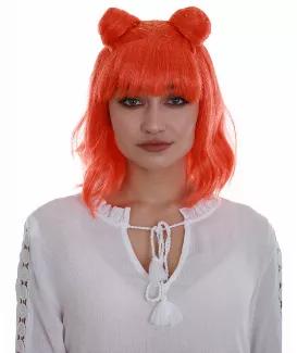 Premium Quality Women's Shoulder Length Orange Space Buns Wig.   Capless cap for comfort and breathability.   Adjustable sizing.  Hair made of flame retardant synthetic fibers.   Includes free hair net.  Easy to wash with mild shampoo and cold water.  Do not use with Blow dryer, Flat iron or any other hair appliance. 
