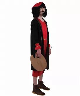 Men's Black and Red Renaissance Painter Costume in size small.  Made of 100% synthetic materials.  Does not include wig, shoes, paintbrush or easel.  Hand wash with gentle soap and line dry. 