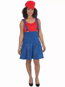 Ms. Red Plumber Costume in size small.  Made of 100% synthetic materials.  Hand wash with gentle soap and line dry. 