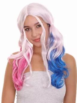 Premium Quality Harlequin Villain Wig with blue pink and white double pig tails.  Hair made of flame retardant synthetic fibers.   Capless Cap for comfort and breathability.  Adjustable sizing.  Includes free hair net.  Easy to wash with mild shampoo and cold water.   Do not use with Blow dryer, Flat iron or any other hair appliance.  