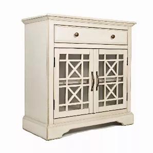 A perfectly handcrafted piece of traditional English cottage inspired decor, this exquisitely designed accent chest cabinet is sure to embolden your living space with a classic sense of charm and sophistication. Made using premium quality acacia wood, this piece has an antique white finish that brings a distinctly elegant appeal to your dining room, living room or kitchen. It is also equipped with spacious storage options, including one large drawer and a double door cabinet with two roomy compa