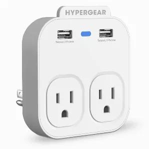 HyperGear Wall Adapter Power Strip <br> Short on outlets? Keep your everyday electronics plugged in and fully charged. With 2 grounded power outlets and 2 USB ports, this 4-device charger makes each outlet do more! It's the perfect solution to get maximum power from every room in your home or office. The wall-mount design is a space-saver and the low profile makes it easy to fit in tight spots. Don't settle for less, make each outlet do more!<br><br> Special Features:<br> Universal Compatibility