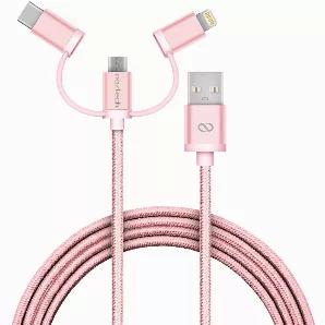 Naztech MFi Lightning Braided 3-in-1 Hybrid USB Cable/Sync 6ft Cable<br> Most multi-device users have to carry around different charging cables. The 3-in-1 Hybrid provides a single cable for USB-C, Lightning, and Micro USB devices. Integrated adapters offer quick and seamless transformations, changing the cable connector from Micro USB to Lightning to USB-C in a snap. Enjoy the fastest and most reliable charging and data transfer with this all-in-one cable solution. Any Time. Any Where. Any Devi