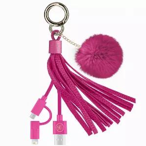 Hello Gorgeous MFI Hybrid Cable Tassel Key Chain Fur <br> Hidden in plain sight, the Hello Gorgeous Charging Cable Tassel is a glamorous little charm crafted with an ultra-soft pom pom and rich vegan leather fringe that protects it's secret identity as a charge and sync cable. Just clip the luxe tassel onto your purse, clutch, keychain, or zipper pull, and keep your cable always at the ready!<br><br> Specifications:<br> Durable Tangle-Free Braided Nylon Hybrid 2-in-1 USB Cable<br> Micro USB Conn