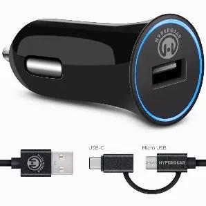 HyperGear Rapid 2.4A Car Charger with Hybrid USB-C Cable 4ft<br> Featuring a sleek, low-profile design, cutting-edge circuitry and a removable 4ft hybrid USB-C and Micro USB charge & sync cable, the ultra-compact Rapid Vehicle Charger is perfect for users who need high-speed power on the road. It packs a punch delivering up to 2.4 amps of reliable, lightning-fast power to all your mobile devices from phones to power-heavy tablets. Power up on-the-go and always arrive fully charged.<br><br> Speci