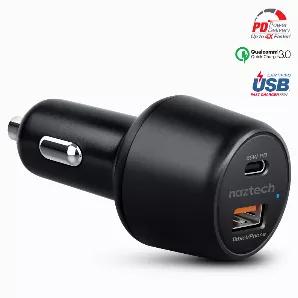 Naztech SpeedMax65 PD65W + QC3 Car Charger <br> Make your car an on the go office! Able to power your laptop, tablet or phone as you go, the SpeedMax65 features incredibly powerful dual outputs with the latest fast charging technologies Power Delivery (PD) and Qualcomm Quick Charge 3.0. The 65W USB-C port delivers up to 4X faster than standard chargers, and can even power a Macbook Pro 16" to 100% in just 2 hours! The 18W USB port with QC 3.0 technology can charge compatible Android devices from