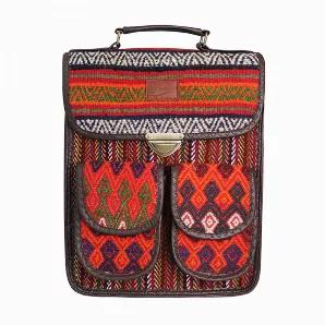 Type: Backpack <br>
- Designed in Canada <br>
- Handmade in Turkey <br>
- Water Resistant <br>
- Unisex <br>
Materials: <br>
- Handwoven Wool Kilim <br>
- Suede Cloth <br>
- Leather Strap <br>
Cleaning & Care: <br>
Cleaning of kilim products is similar to cleaning a Turkish rug: Use either a clean piece of sponge or cloth along with carpet shampoo. <br> *Additional photos are for shape and size reference. The bag for sale is the first three photos listed.