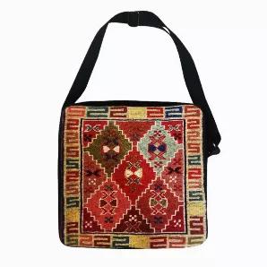 Type: School Shoulder Bag <br>
- Designed in Canada <br>
- Handmade in Turkey <br>
- Water Resistant <br>
- Unisex <br>
Materials: <br>
- Handwoven Wool Kilim <br> 
- Suede Cloth <br>
- Fabric Strap <br>
Cleaning & Care: <br>
Cleaning of kilim products is similar to cleaning a Turkish rug: Use either a clean piece of sponge or cloth along with carpet shampoo.  <br> *Additional photos are for shape and size reference. The bag for sale is the first two photos listed.