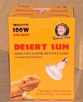 <p>Jungle Bob Desert Sun UVB/UVA/Heat Lamp was manufactured to the highest standards in the market. Long life and over 10% UVB are its claims to fame! 
Ideal for Bearded Dragons and assortment of desert reptiles, this mercury vapor lamp is competitively priced and out performs similar products on the market.</p><br>

If you love your Bearded Dragon get a 100W Desert Sun bulb from Jungle Bob!<br>
<ul>
<li>Economical</li>
<li>Does the work of multiple lamps with a useful life of 10,000 hours</li>
