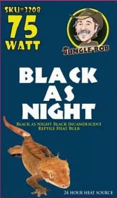 <p> Black Incandescent Reptile Heat Lamp - Jungle Bob Brand </p>

Safe & Convenient 24 hour black light heat source <br>
Premium Black Glass for optimal heat & light quality <br>
Internal heat shield for more efficient light distribution & longer life <br>
Extended 5000 hour average user life <br>
Corrosion Resistant premium brass base <br>
Available in 60W, 75W, and 100W <br>

To Watch Jungle Bob introduce Night Light and Night Heat Bulbs for Reptiles video click on the link below!