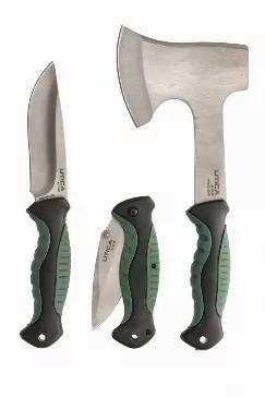 Folding Liner Lock with Nylon Washer, 3.3" blade, .125" thick blade and pocket clip. Fixed blade with 4.25" blade, .22" thick blade and nylon sheath. Hatchet with 5.7" blade, .23 thick blade and nylon sheath. All pieces have polypropylene + glass fiber, rubber grip handles. Handles are 4.75".