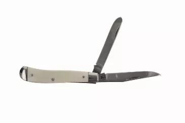 Folding Clip Trapper. Blade Length, 3". Blade Thickness, .095". Blade Material, 1095 Carbon Steel. Blade Hardness, 56-58. Handle Material, White Delrin, Stainless Steel Bolsters. Handle Length, 4.25". MADE IN USA.