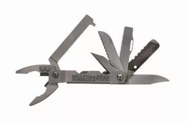 Multitool with Needlenose pliers. Locking L Safety System. Implements include: Wire Cutter Gripper, Course and Fine files, Wave Edge Sheepfoot blade, standard/metric ruler, saw blade, clip blade, can/bottle opener, 4-1/4" Bits, 1/4" adapter and lanyard hole. Magnetic cavity bit holder. Nylon Sheath. Made in USA.