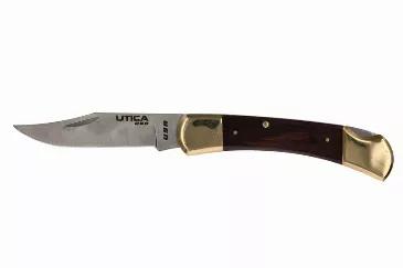 Folding Lockback. Blade Length, 3.75". Blade Thickness, .11". Blade Material, High Carbon Steel. Blade Hardness, 55-57. Handle Material, Wood, Brass Bolsters. Handle Length, 5". MADE IN USA.