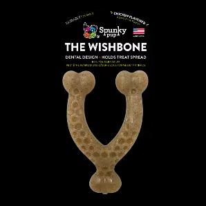 The Wishbones from Spunky Pup are super-durable nylon chew toys, embedded with Chicken flavor that your dog will love. <br> Made in the USA. <br> Available in multiple sizes, the Wishbones will keep your dog entertained for hours. Textured surface holds peanut butter or your dog's favorite treat spread. <br>