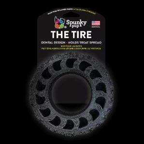 Get playtime rolling with The Tire from Spunky Pup! The Tire chew toy is made in the USA and is responsibly sourced from Reclaimed Rubber. Available in multiple sizes. The Tire features a dental design and texture to hold peanut butter or your dog's favorite treat spread.