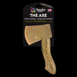 The Axe from Spunky Pup is a super-durable nylon chew toy, embedded with Chicken flavor that your dog will love. Made in the USA. Available in multiple sizes, the Axe will keep your dog entertained for hours. Textured surface holds peanut butter or your dog's favorite treat spread.