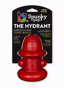 Spunky Pup's Rubber Hydrant features thick-walled Rubber construction. <br> Made in the USA. <br> The Hydrant is textured to promote healthy teeth and gums. <br> Spread peanut butter inside or fill with your dog's favorite healthy treats. Sized for large dogs. 8" x 4.5"