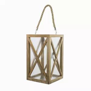 Add a sense of airy openness with this Open top wooden lantern.  The wooden Lantern stands at 15 inches tall and 4.5 inches wide and deep.  The wooden construction of the lantern is perfectly finished with a lightly stained clear finish.  The candle inside is protected by the clear glass construction in the inner part of the lantern.  The sturdy rope handle is the perfect highlight for the design, giving the lantern a slight nautical vibe while still allowing ease of transportation and for hangi