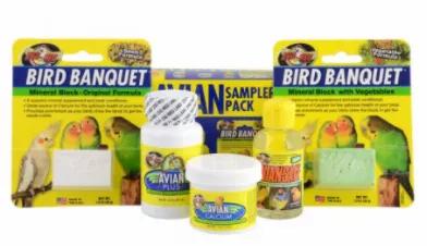 Avian Sampler Pack holds necessary vitamins and supplements to support your bird in one convenient box. Such as Avian Plus 1 oz, Avian Calcium 0.5 oz, AvianSafe Water Conditioner 2.25 oz and 1 oz Original & Vegetable Bird Banquet Mineral Blocks.