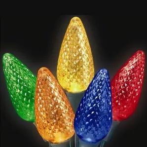 C9 Multi-Colored LED light String with green wire, for indoor and outdoor use. Bulb measures 2" long with a 1/4" diameter. Energy Star rated, ROHS compliant. Light String has 25 lights with 8" spacing