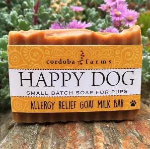 Our nourishing goat milk soap will soften dog’s skin and moisturize their coat, while oatmeal helps to relieve symptoms of allergies, dry skin and hot spots. Its comforting, light oatmeal scent, smells yummy.  It will make any pup the happiest on the block!