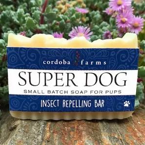 With a bright citrus scent, our super soap has an essential oil blend that will soothe irritated skin and naturally defend against those pesky insect invasions. Consider it a dog’s invisible shield!