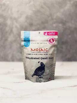<p> Mosaic USA Dehydrated Quail Feet are a perfect alternative for dogs that are affected by food allergies from common proteins, such as chicken, beef, and pork. These little crunchy feet are a perfect, single-ingredient snack for smaller dogs. <br> 

Our quail are sustainably-sourced & responsibly-raised in the USA, by using best practices. The quail are farm-raised in their natural habitat, and are free of any growth hormones and antibiotics. </p> 